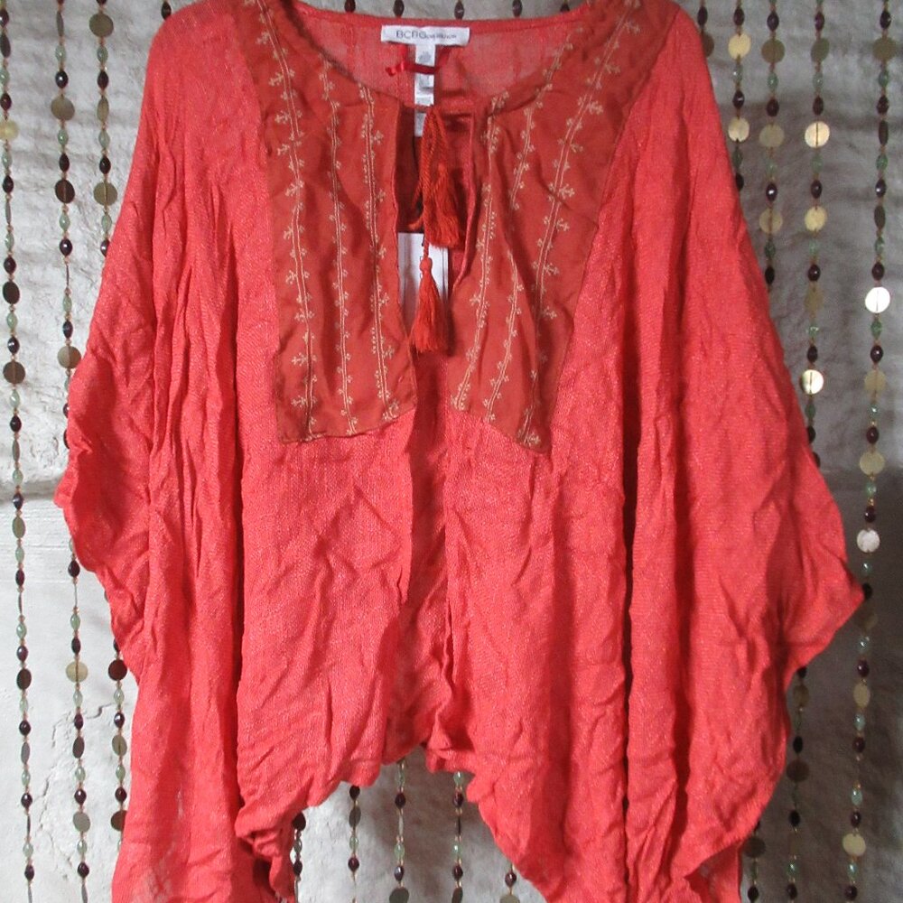 BCBG Orange Boho Swim Cover, Oversize Comfy Gauze Shirt With Tassels